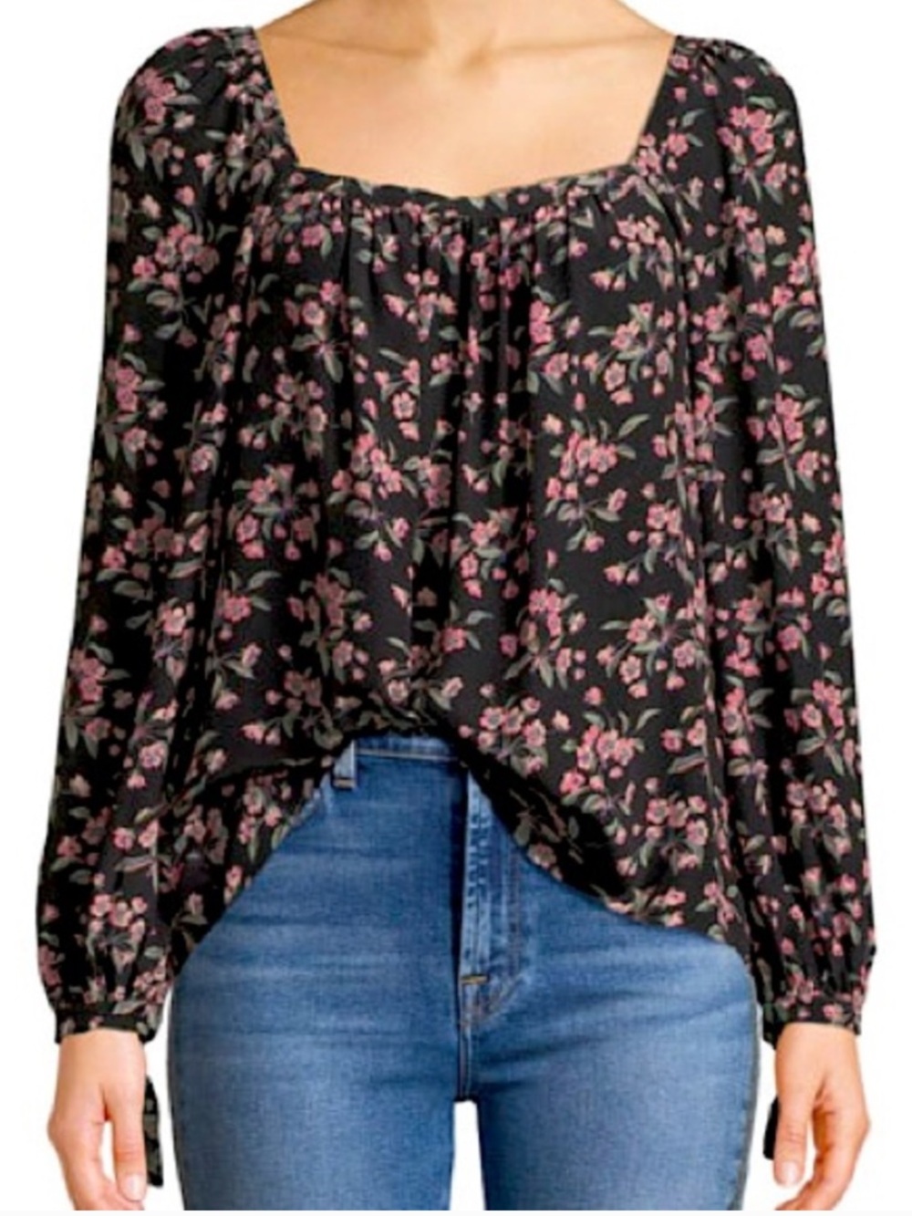 Rebecca Taylor Black Floral Square Neck Silk Blouse